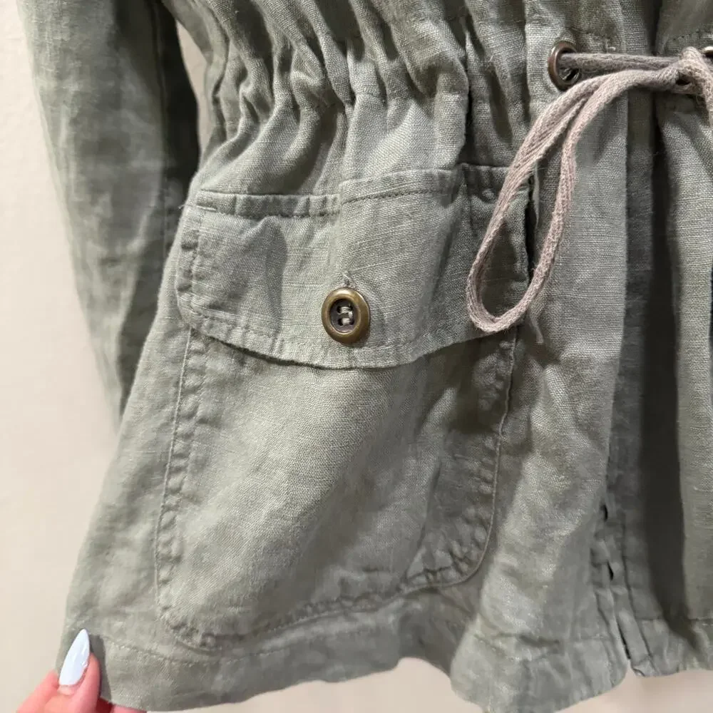 St Tropez West Olive Green 100% Linen Utility Jacket Large Coastal Safari Chic
